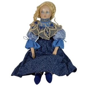 Handmade Czech Folk Art Cloth Doll Signed Badruška 2010 22.5" Blue Dress